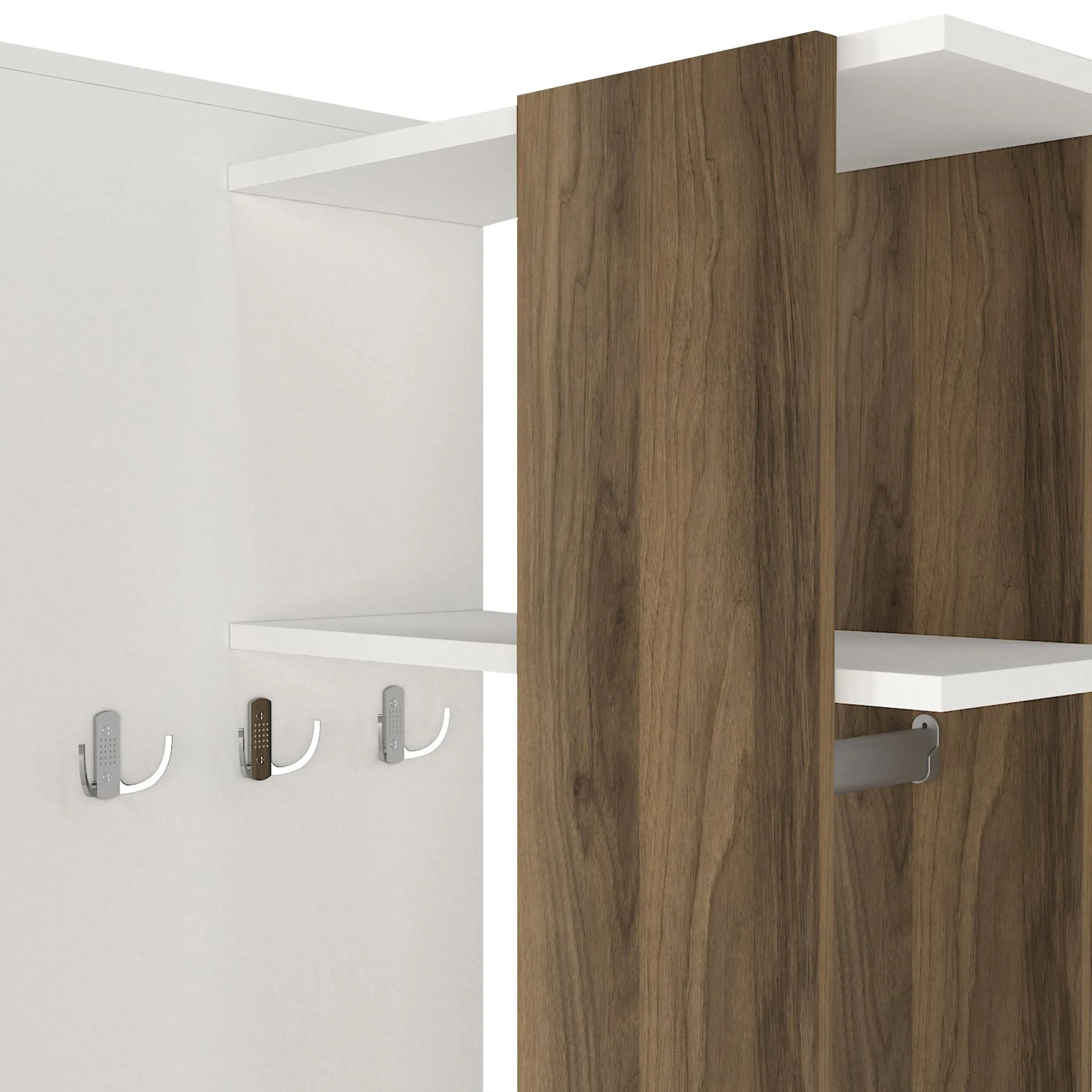 41 Inch Modern Wooden Closet Cabinet with Mirror, Coat Hooks and Shelves, White and Brown
