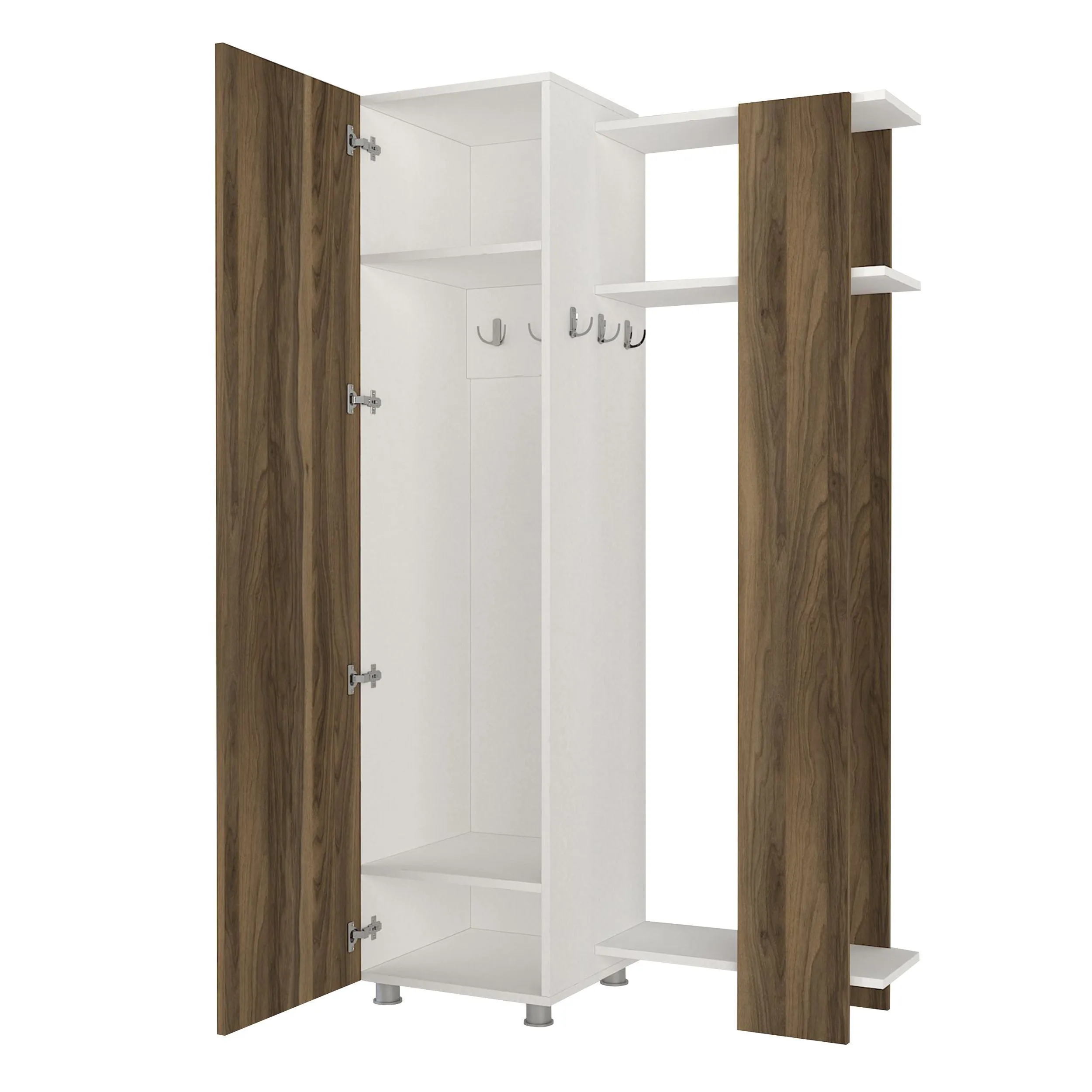 41 Inch Modern Wooden Closet Cabinet with Mirror, Coat Hooks and Shelves, White and Brown