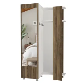 41 Inch Modern Wooden Closet Cabinet with Mirror, Coat Hooks and Shelves, White and Brown