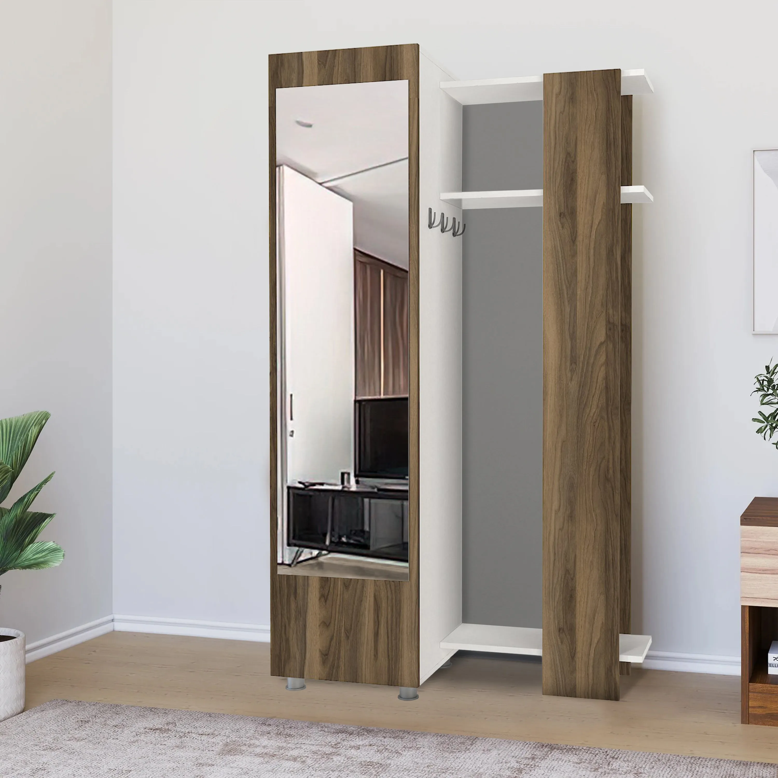 41 Inch Modern Wooden Closet Cabinet with Mirror, Coat Hooks and Shelves, White and Brown