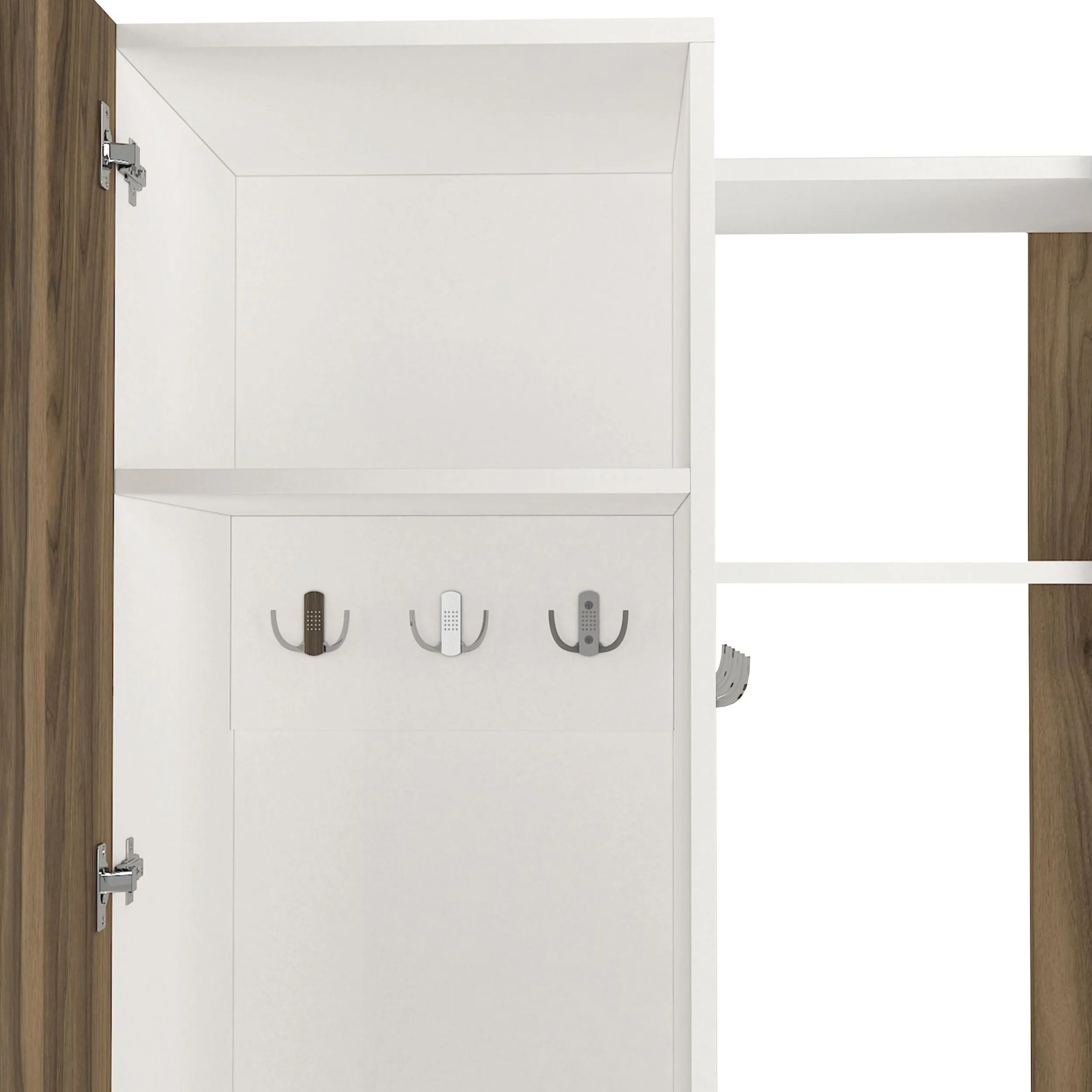 41 Inch Modern Wooden Closet Cabinet with Mirror, Coat Hooks and Shelves, White and Brown