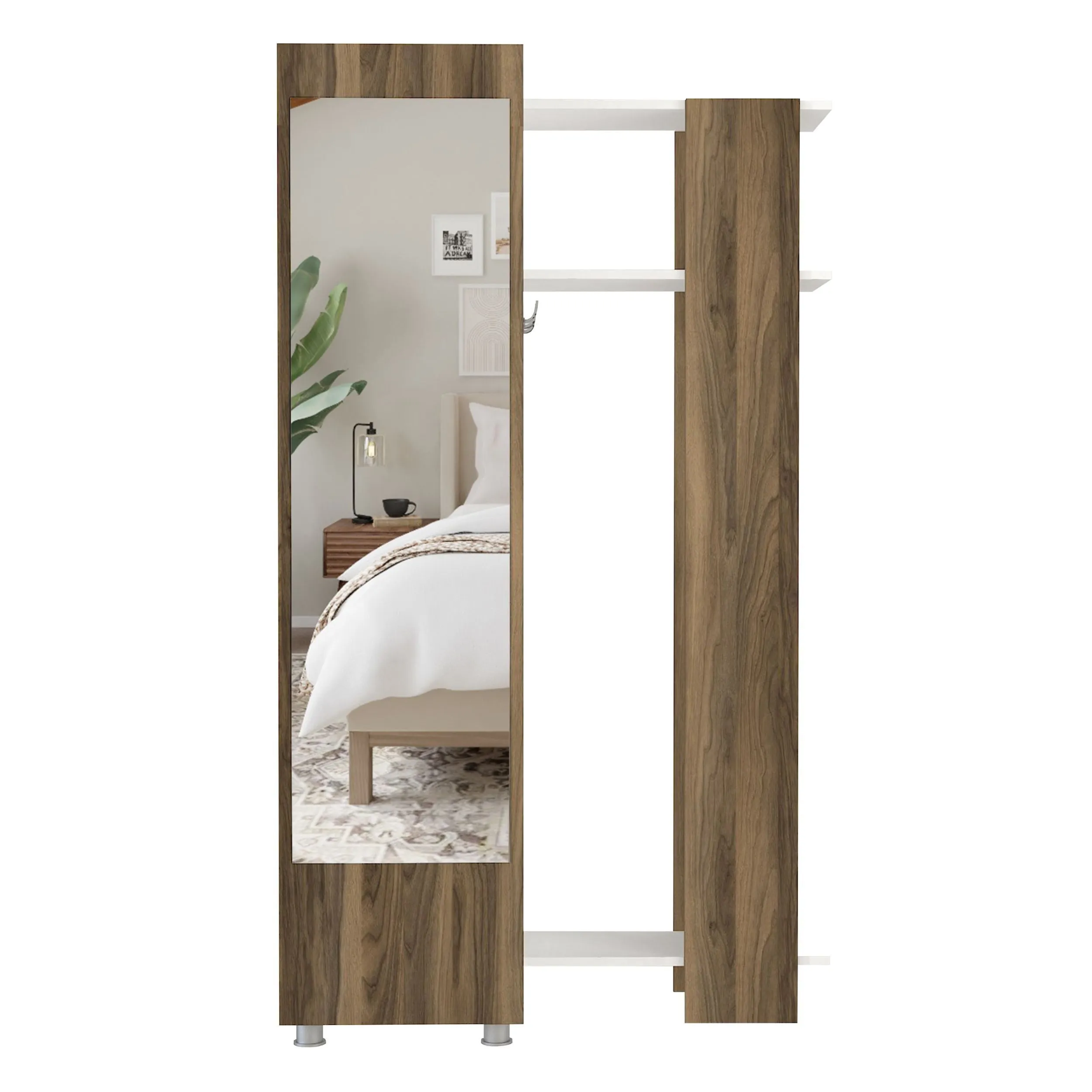 41 Inch Modern Wooden Closet Cabinet with Mirror, Coat Hooks and Shelves, White and Brown
