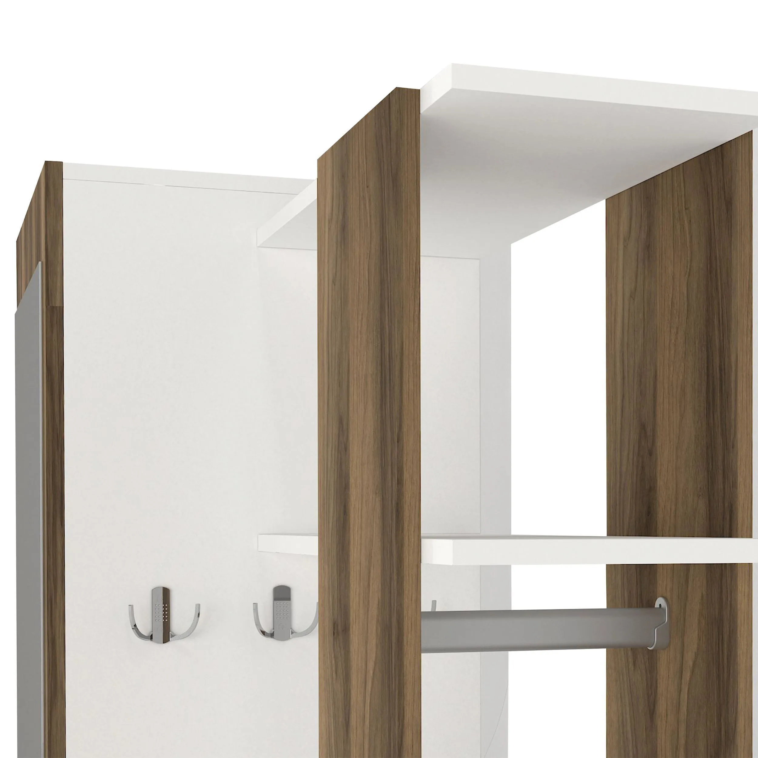 41 Inch Modern Wooden Closet Cabinet with Mirror, Coat Hooks and Shelves, White and Brown