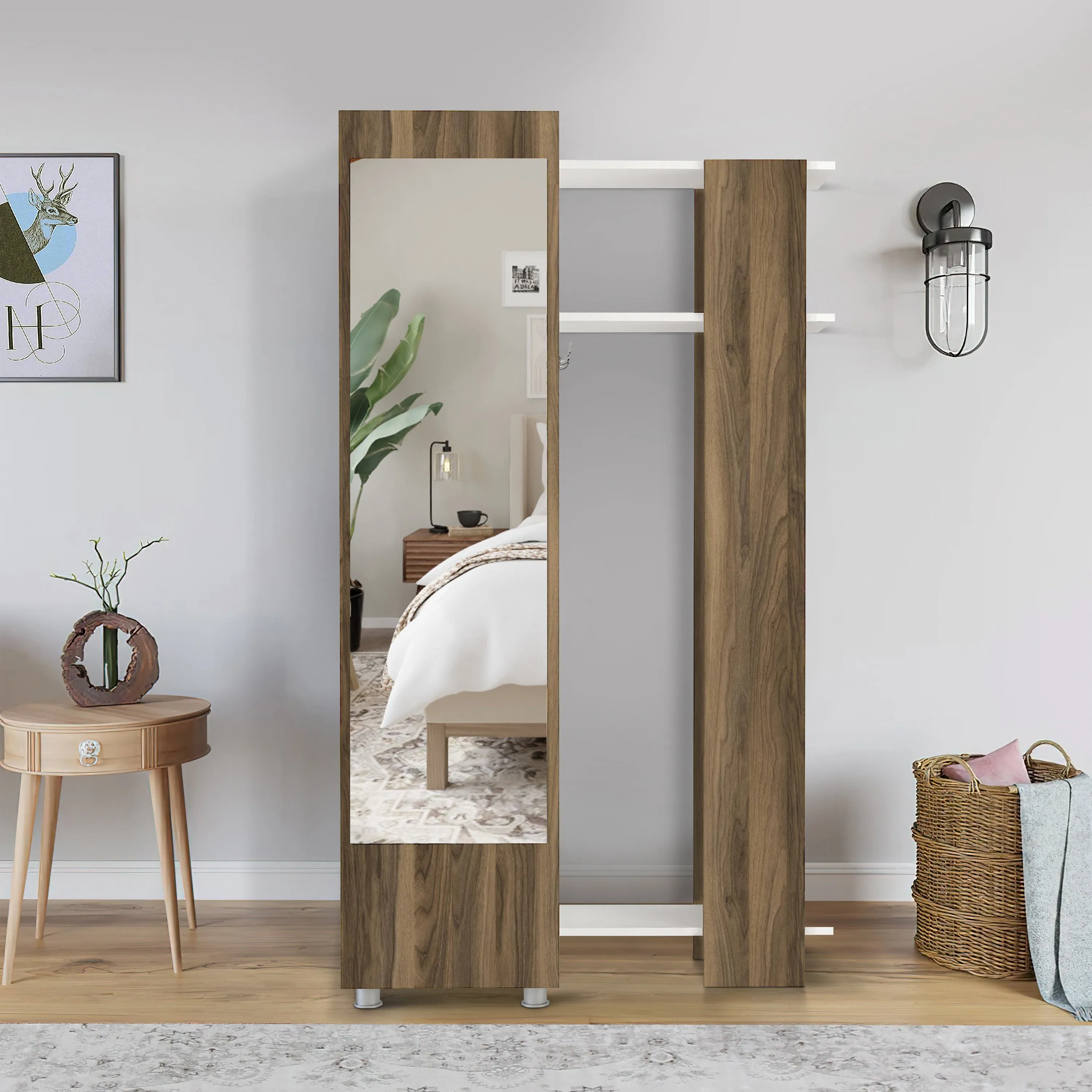 41 Inch Modern Wooden Closet Cabinet with Mirror, Coat Hooks and Shelves, White and Brown