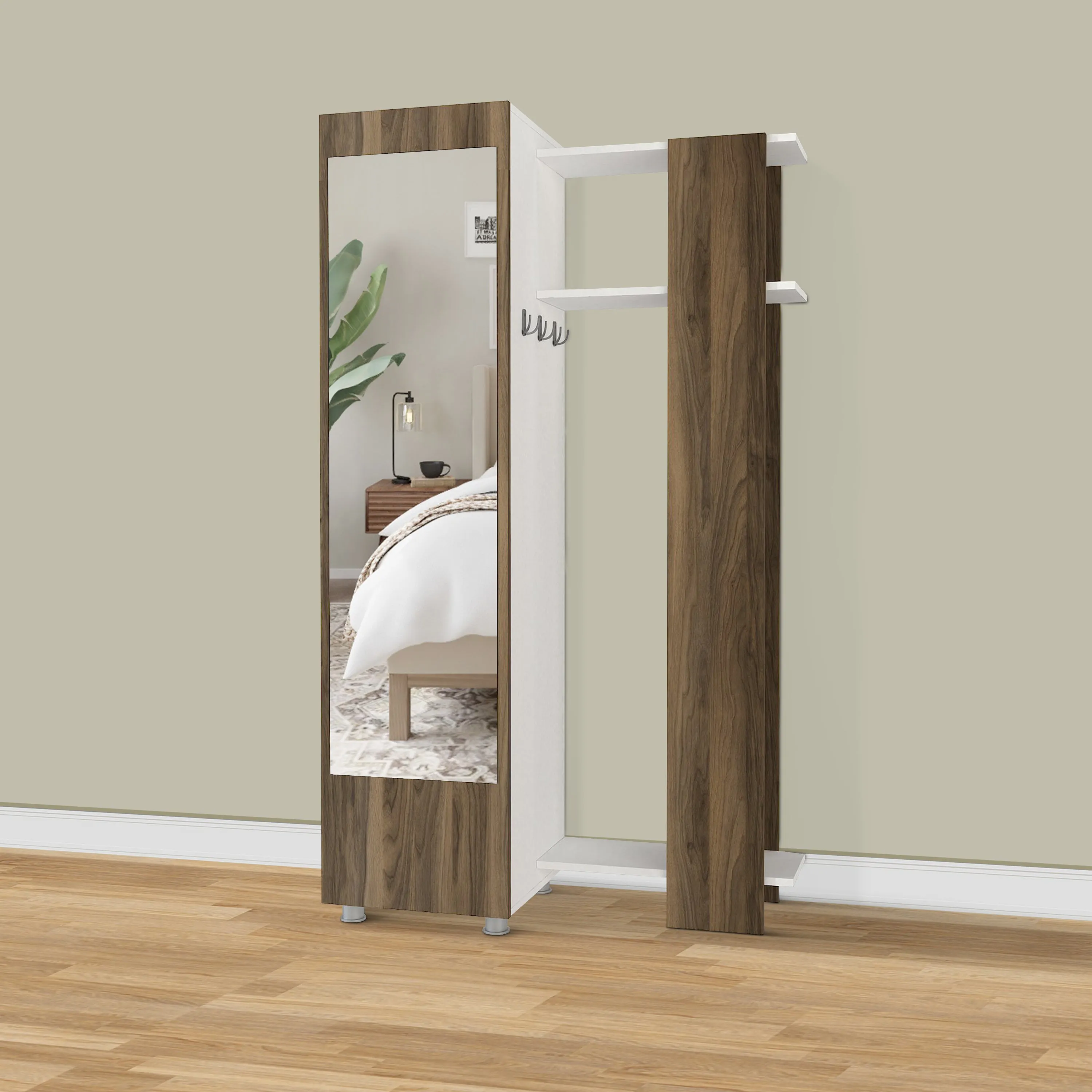 41 Inch Modern Wooden Closet Cabinet with Mirror, Coat Hooks and Shelves, White and Brown