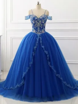 A-line Spaghetti Strap Sweep Train Tulle Royal Blue Quinceanera Dresses ASD27100