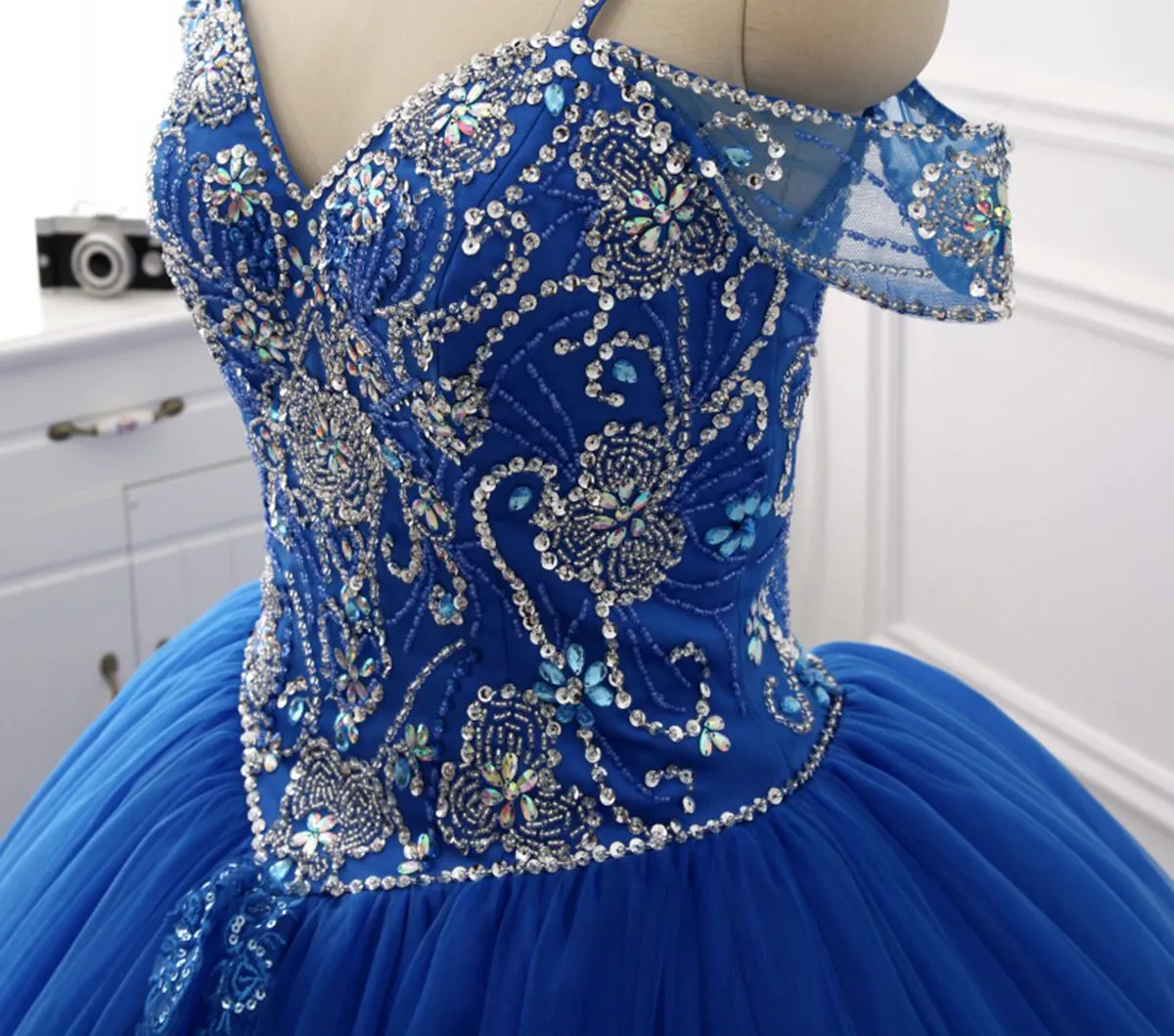 A-line Spaghetti Strap Sweep Train Tulle Royal Blue Quinceanera Dresses ASD27100