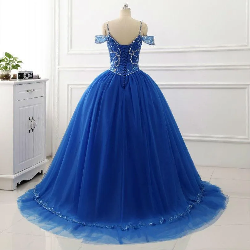 A-line Spaghetti Strap Sweep Train Tulle Royal Blue Quinceanera Dresses ASD27100