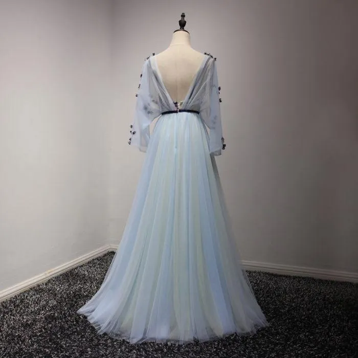 A-line V-neck Sweep Train Chiffon Appliqued Mist Prom Dresses ASD26771