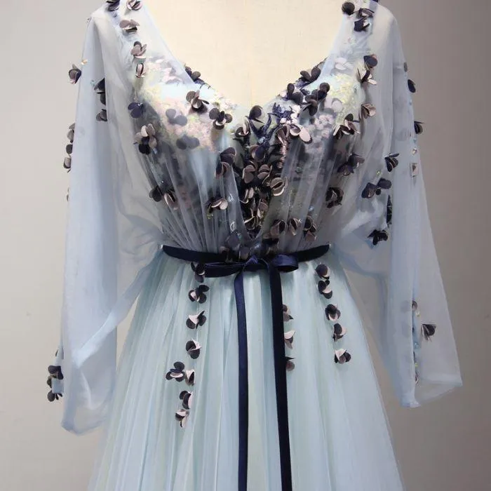 A-line V-neck Sweep Train Chiffon Appliqued Mist Prom Dresses ASD26771