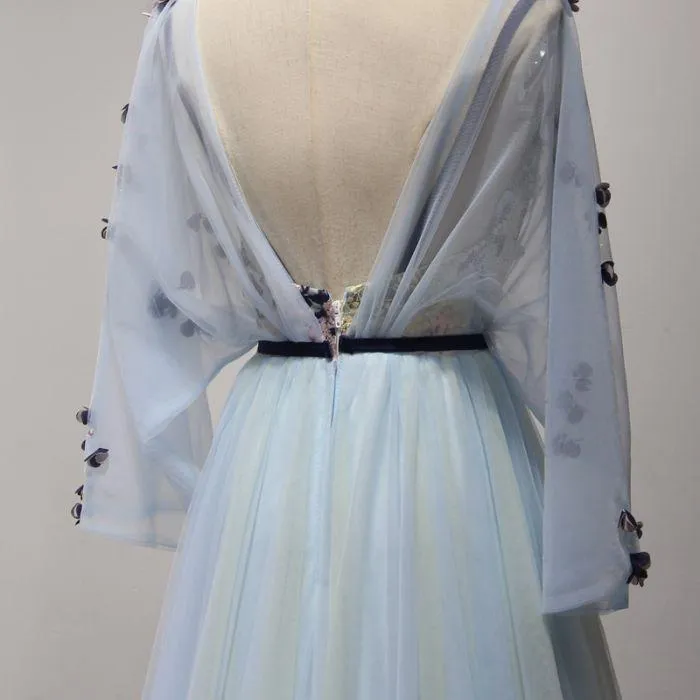 A-line V-neck Sweep Train Chiffon Appliqued Mist Prom Dresses ASD26771