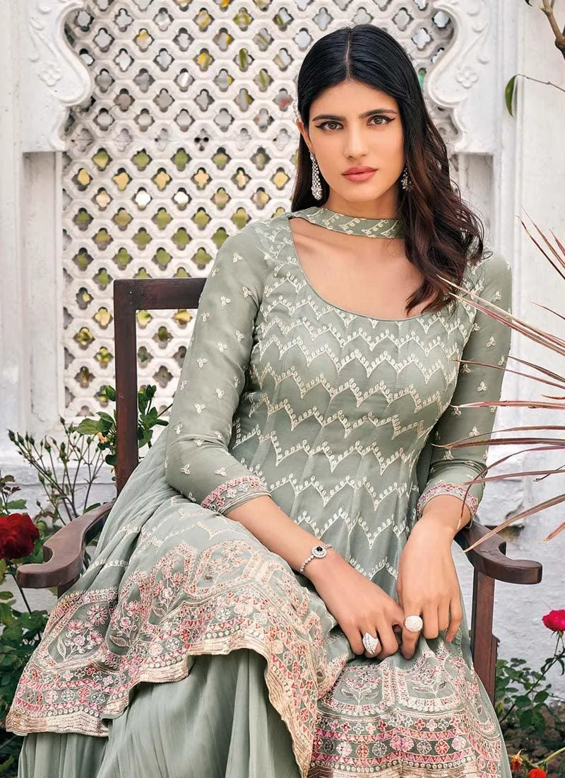 Adorable Grey Color Georgette Base Beautiful Work Designer Sharara Suit