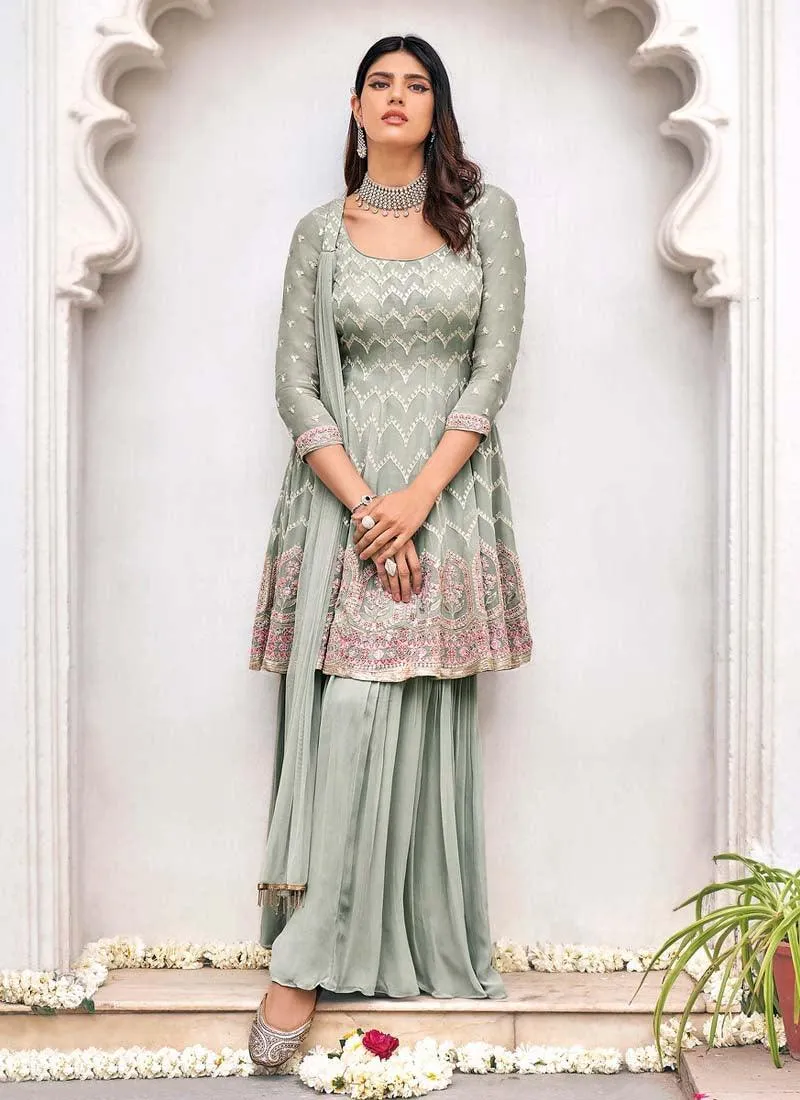 Adorable Grey Color Georgette Base Beautiful Work Designer Sharara Suit