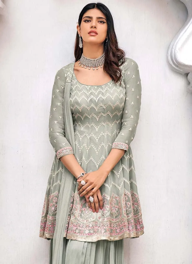 Adorable Grey Color Georgette Base Beautiful Work Designer Sharara Suit