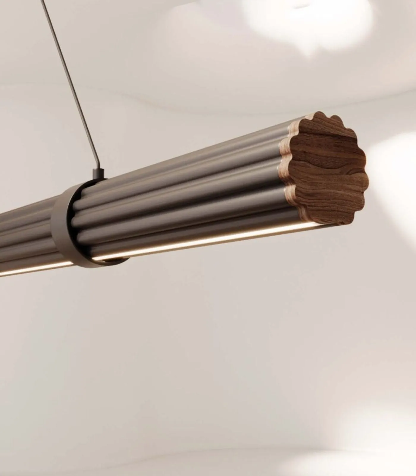 Aluminium and Walnut Wood Cylindrical Linear Pendant