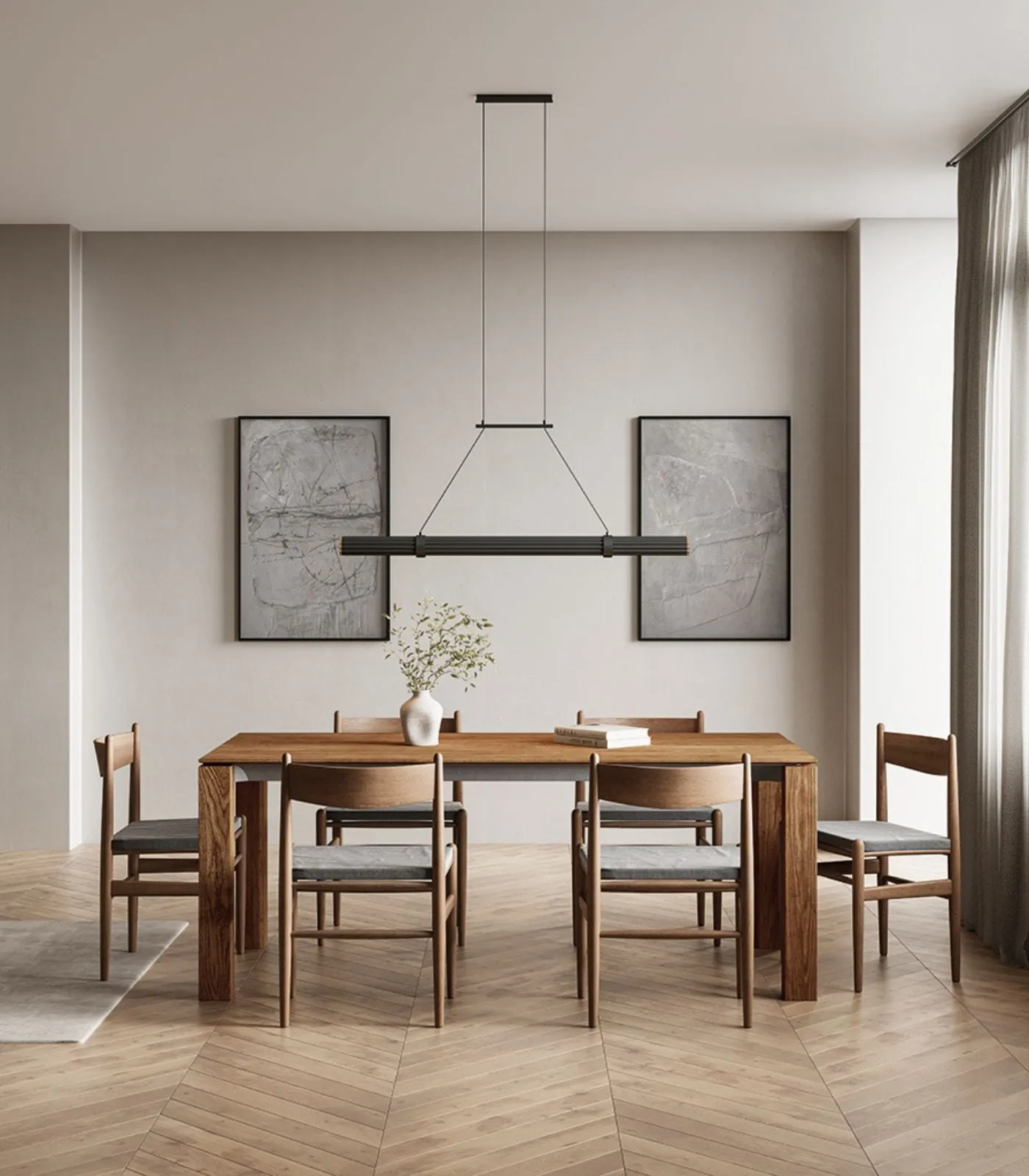 Aluminium and Walnut Wood Cylindrical Linear Pendant