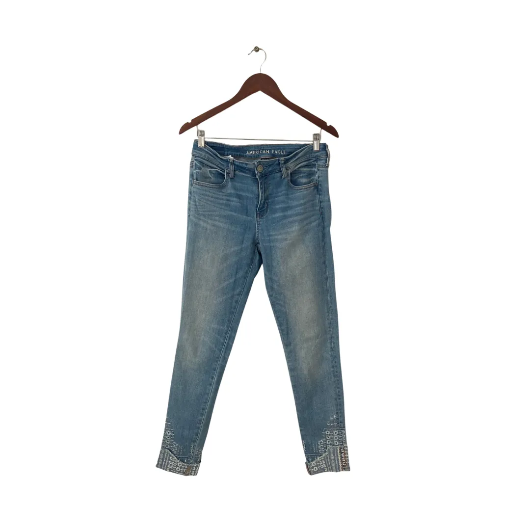 American Eagle Light Blue Denim White Embroidered Jeggings | Gently Used |