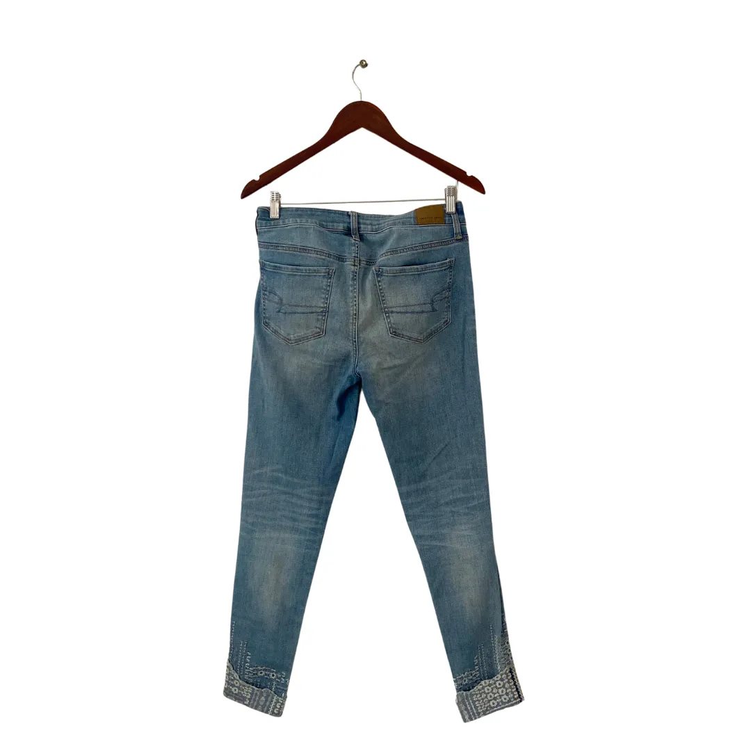 American Eagle Light Blue Denim White Embroidered Jeggings | Gently Used |