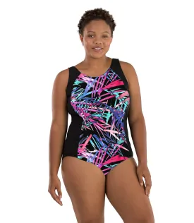 AquaSport Princess Seam Tanksuit Sunset Palm Print Black - FINAL SALE