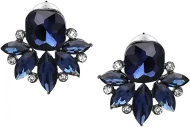 Art Deco Antique Vintage Retro Style Navy Sapphire Blue Rhinestone Bridal Bridesmaid Wedding Prom Cluster Earrings