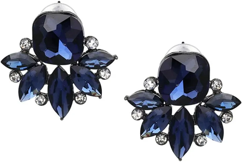 Art Deco Antique Vintage Retro Style Navy Sapphire Blue Rhinestone Bridal Bridesmaid Wedding Prom Cluster Earrings