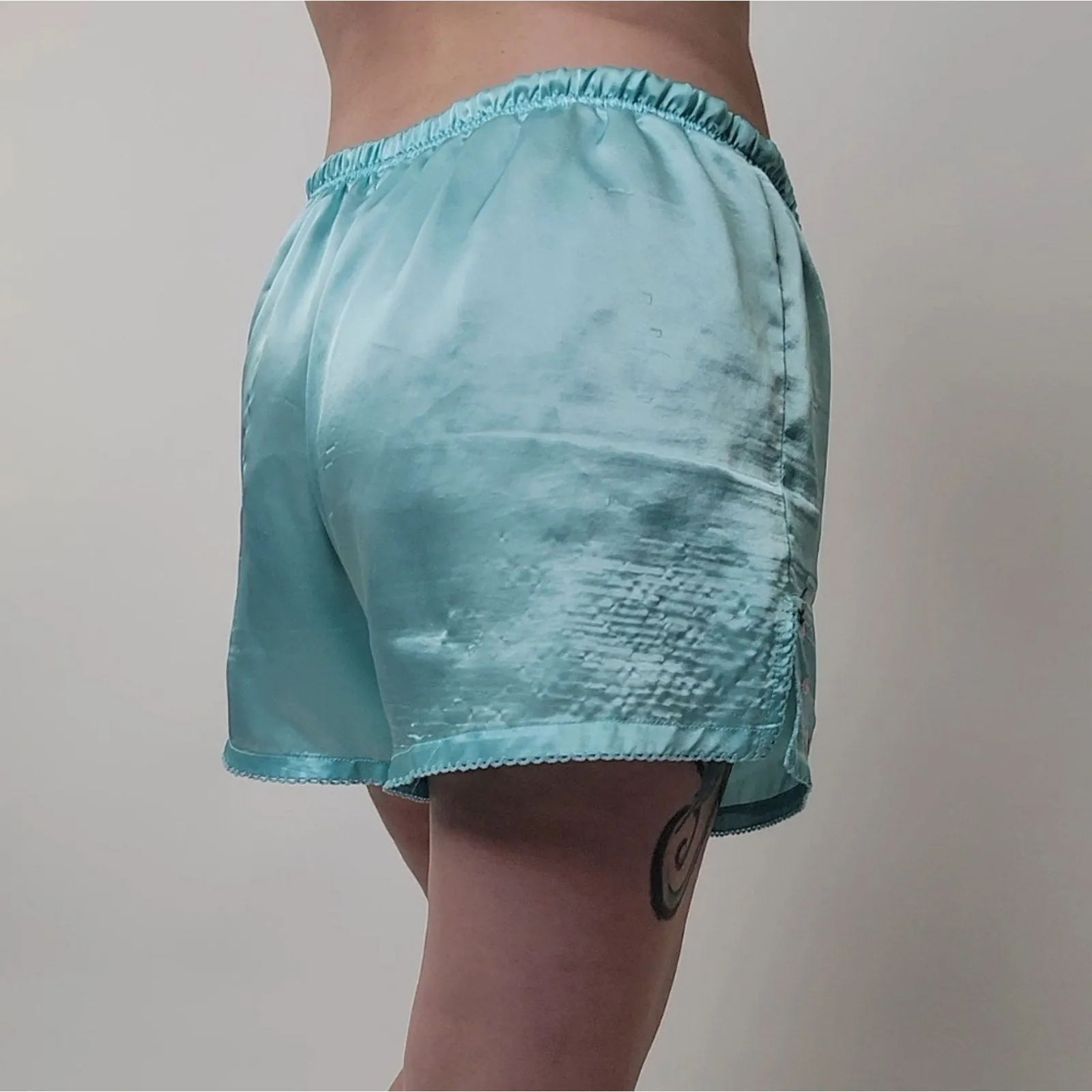 Baby Blue Silky Embroidered Pajama Shorts M