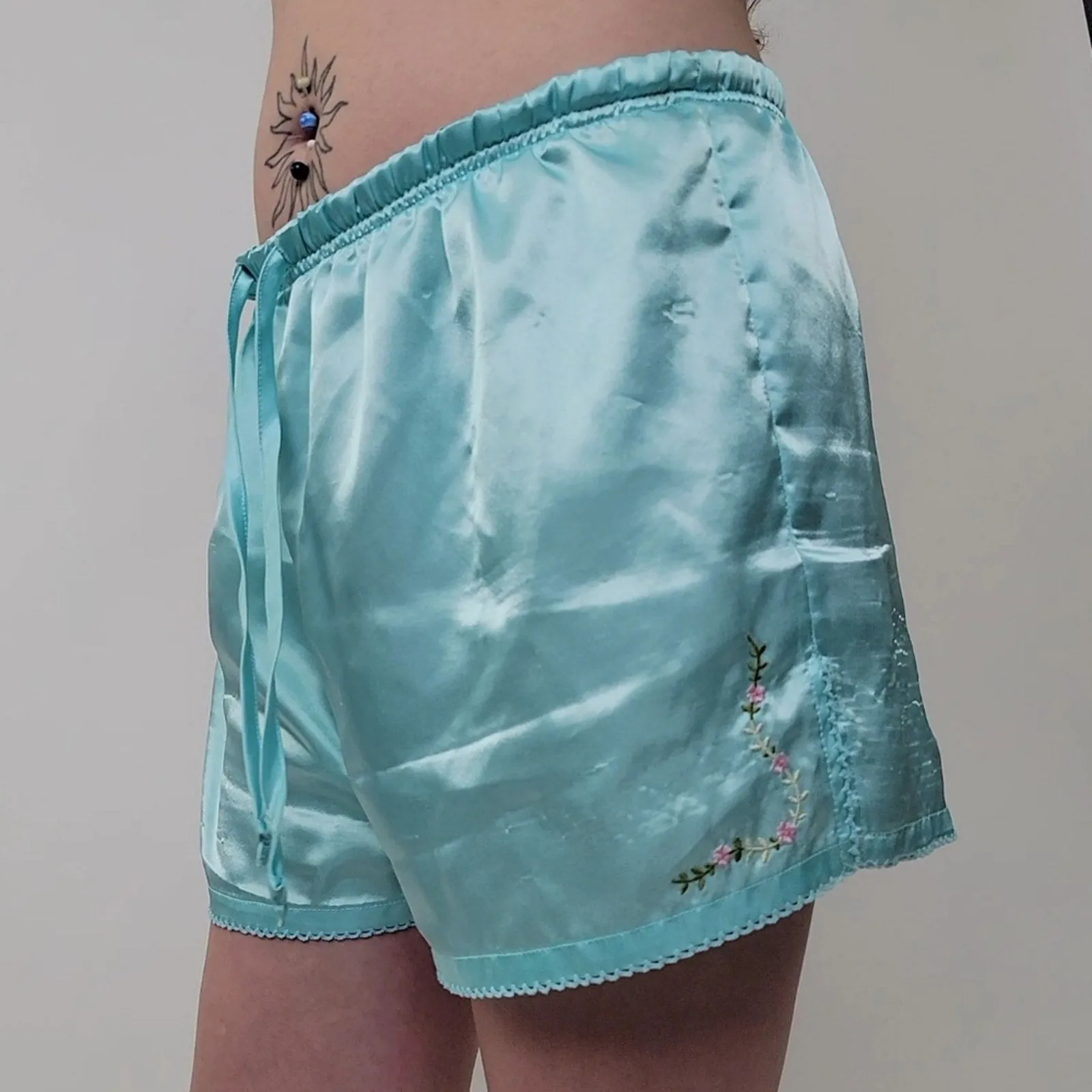 Baby Blue Silky Embroidered Pajama Shorts M