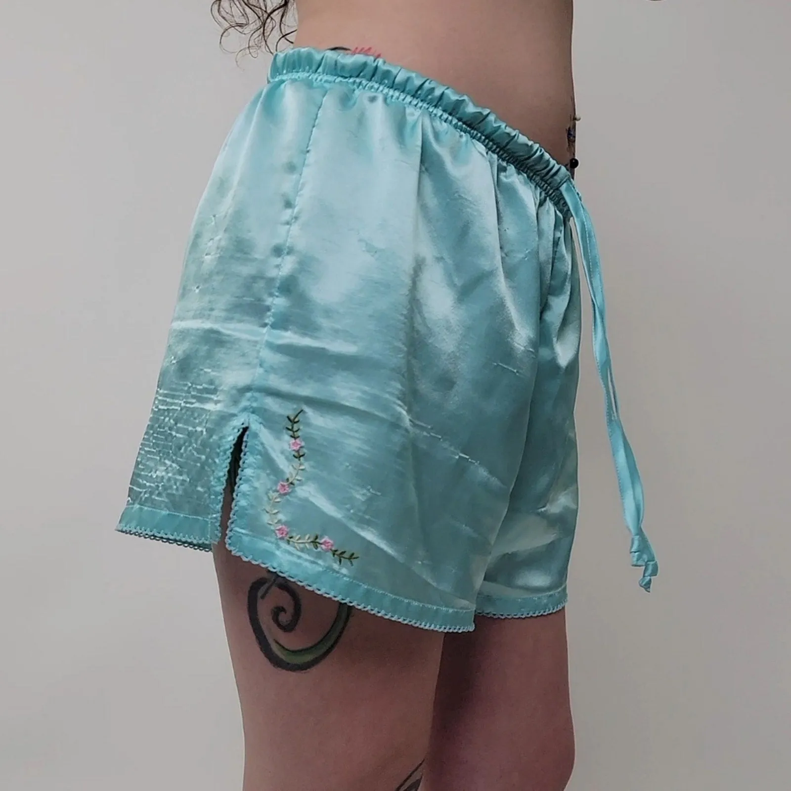 Baby Blue Silky Embroidered Pajama Shorts M