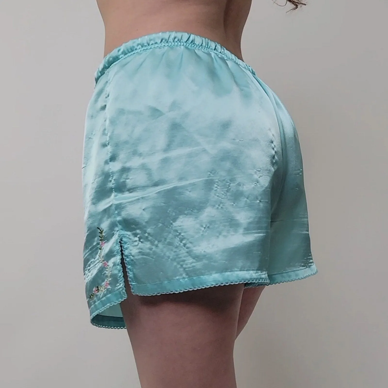 Baby Blue Silky Embroidered Pajama Shorts M
