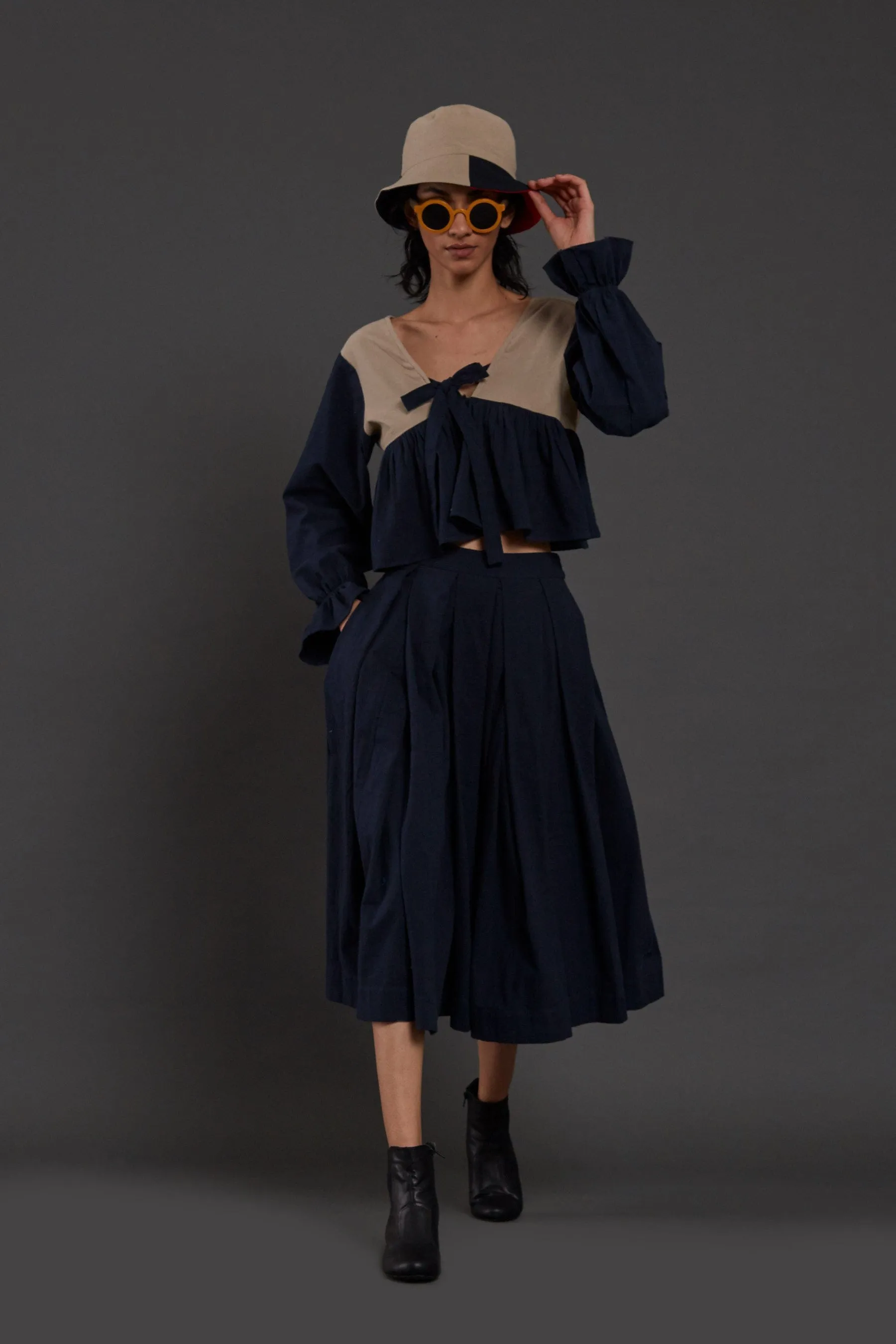 Beige & Navy Blue Bow Top