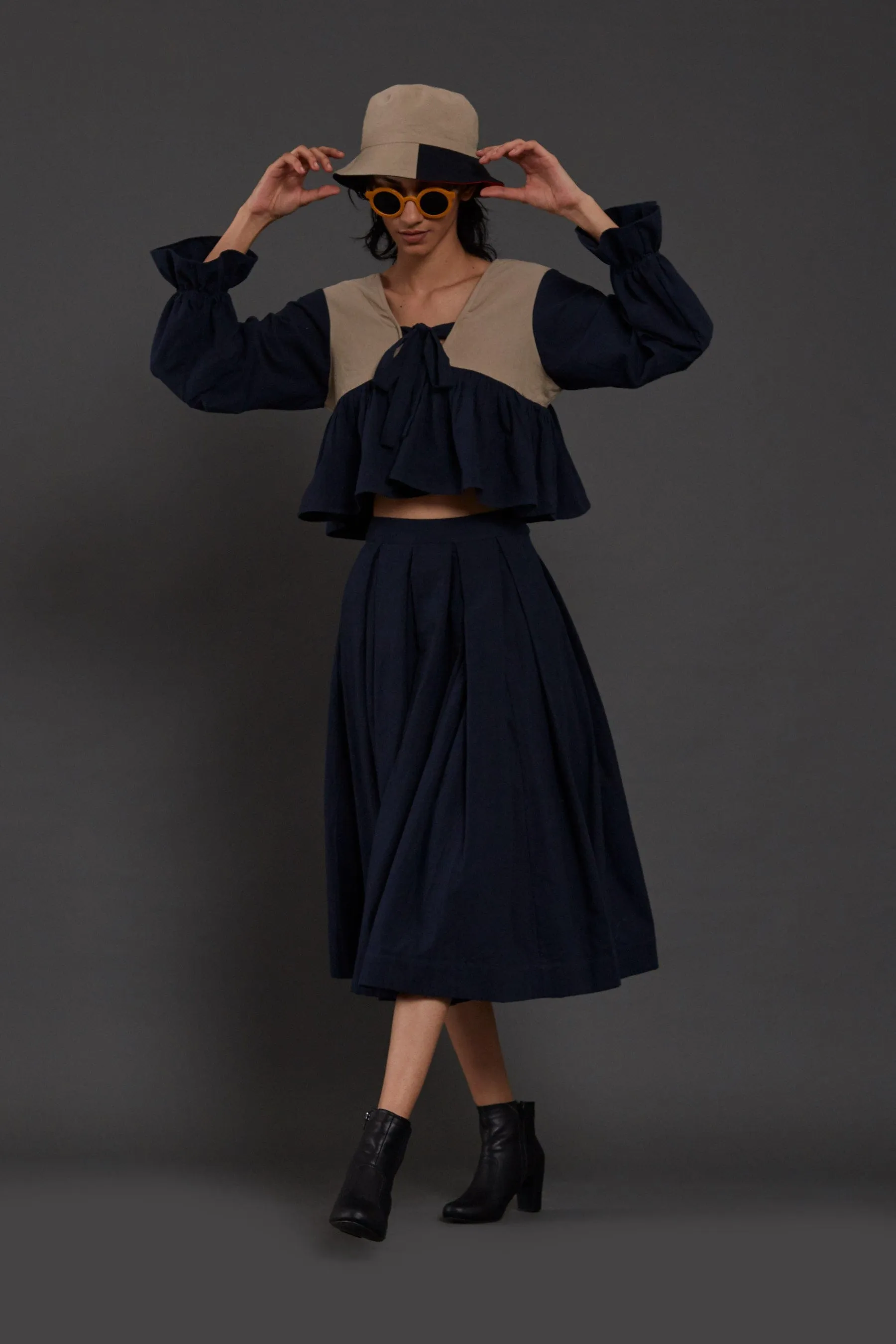 Beige & Navy Blue Bow Top