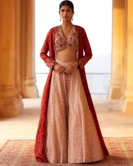 Beige Embroidered Crop Top Set With Cuff Cape