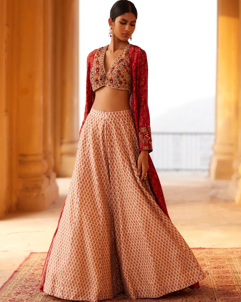 Beige Embroidered Crop Top Set With Cuff Cape