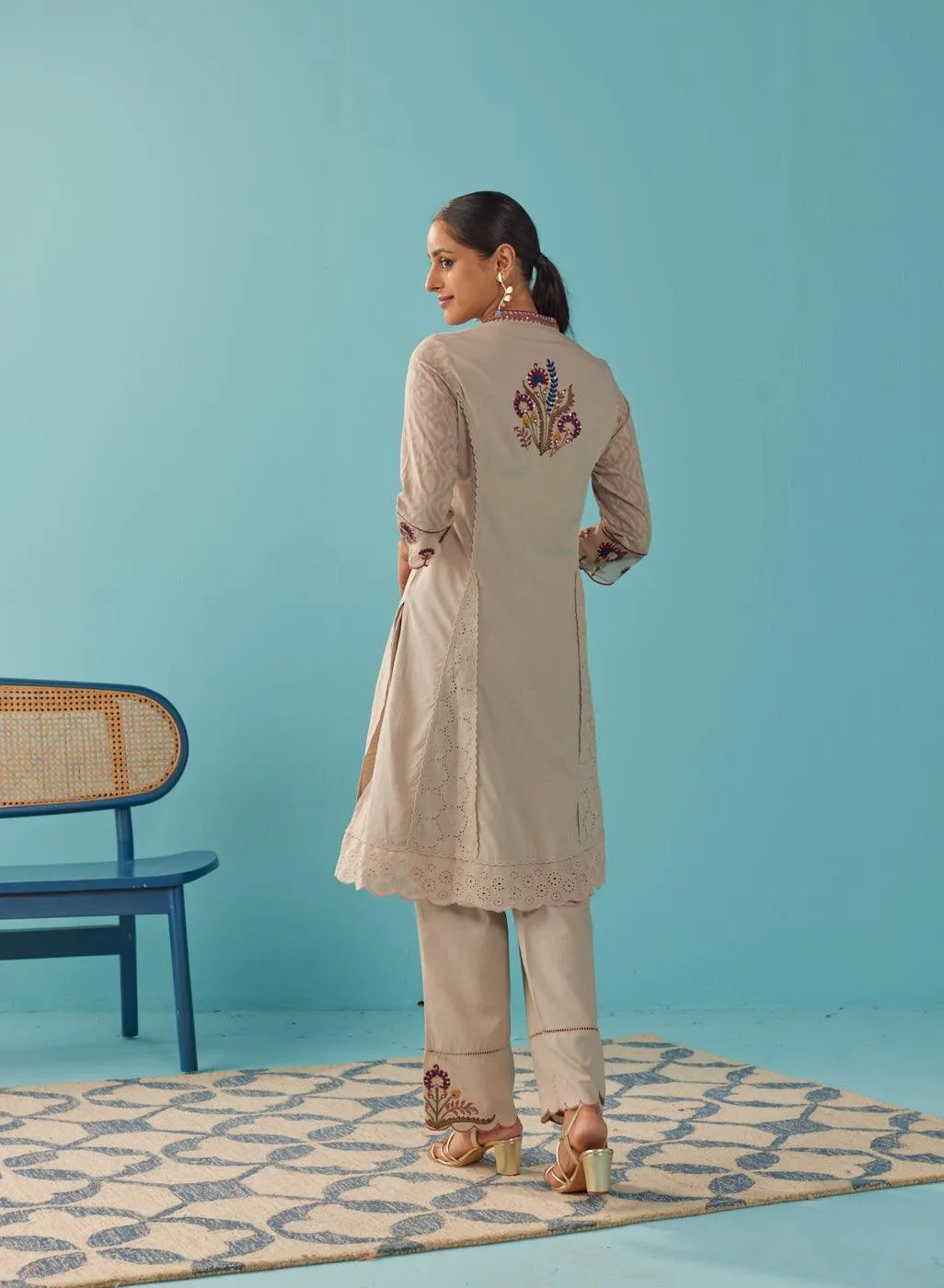 Beige Multi Color Floral Embroidered Kurta Set