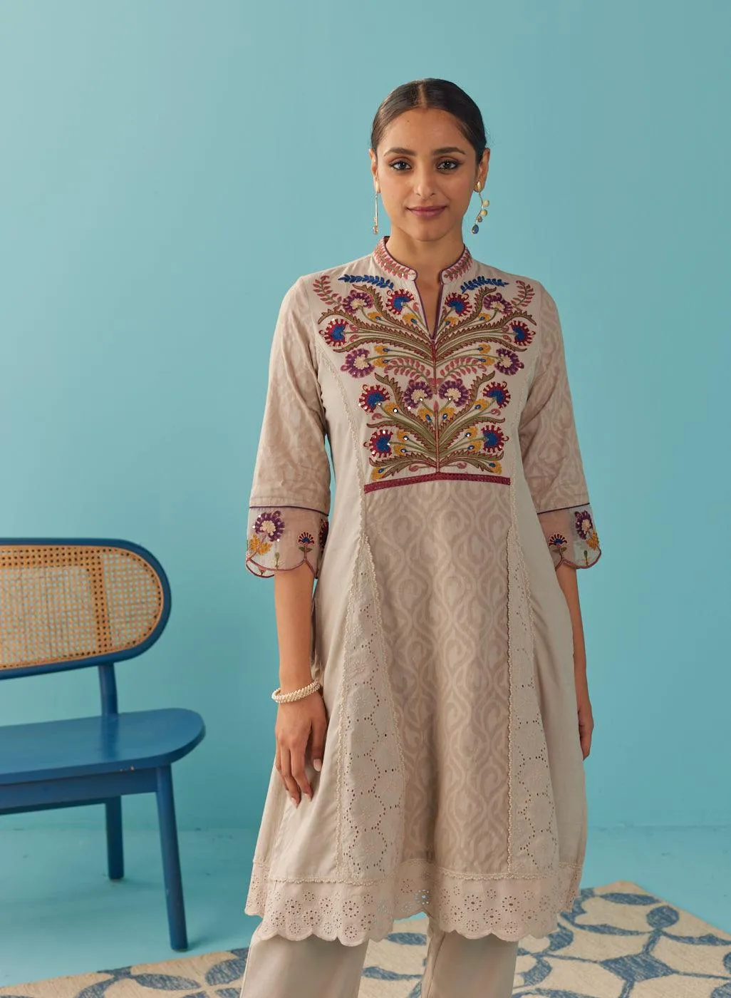 Beige Multi Color Floral Embroidered Kurta Set