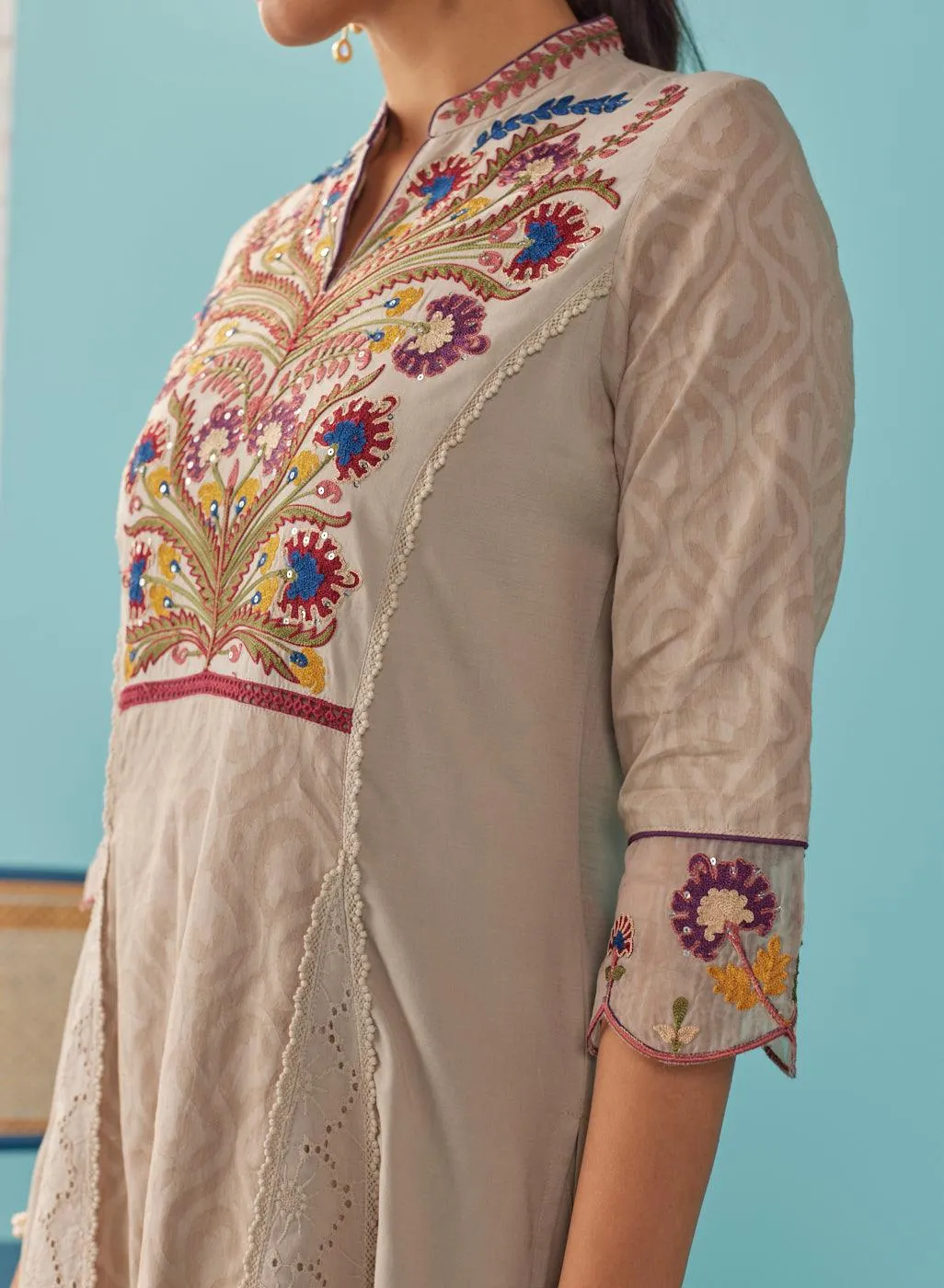 Beige Multi Color Floral Embroidered Kurta Set