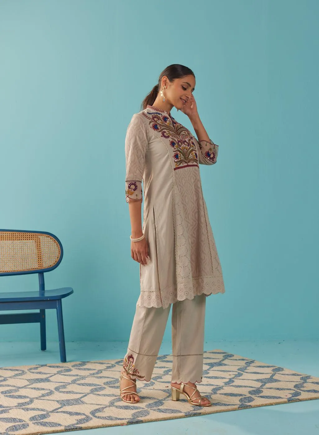 Beige Multi Color Floral Embroidered Kurta Set