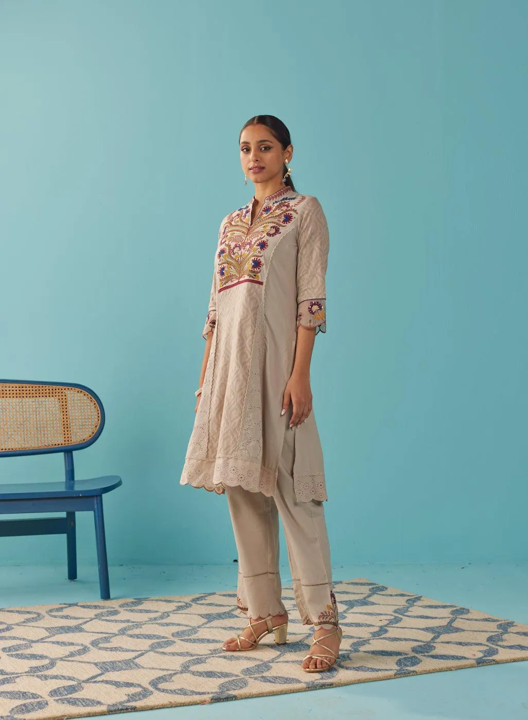 Beige Multi Color Floral Embroidered Kurta Set