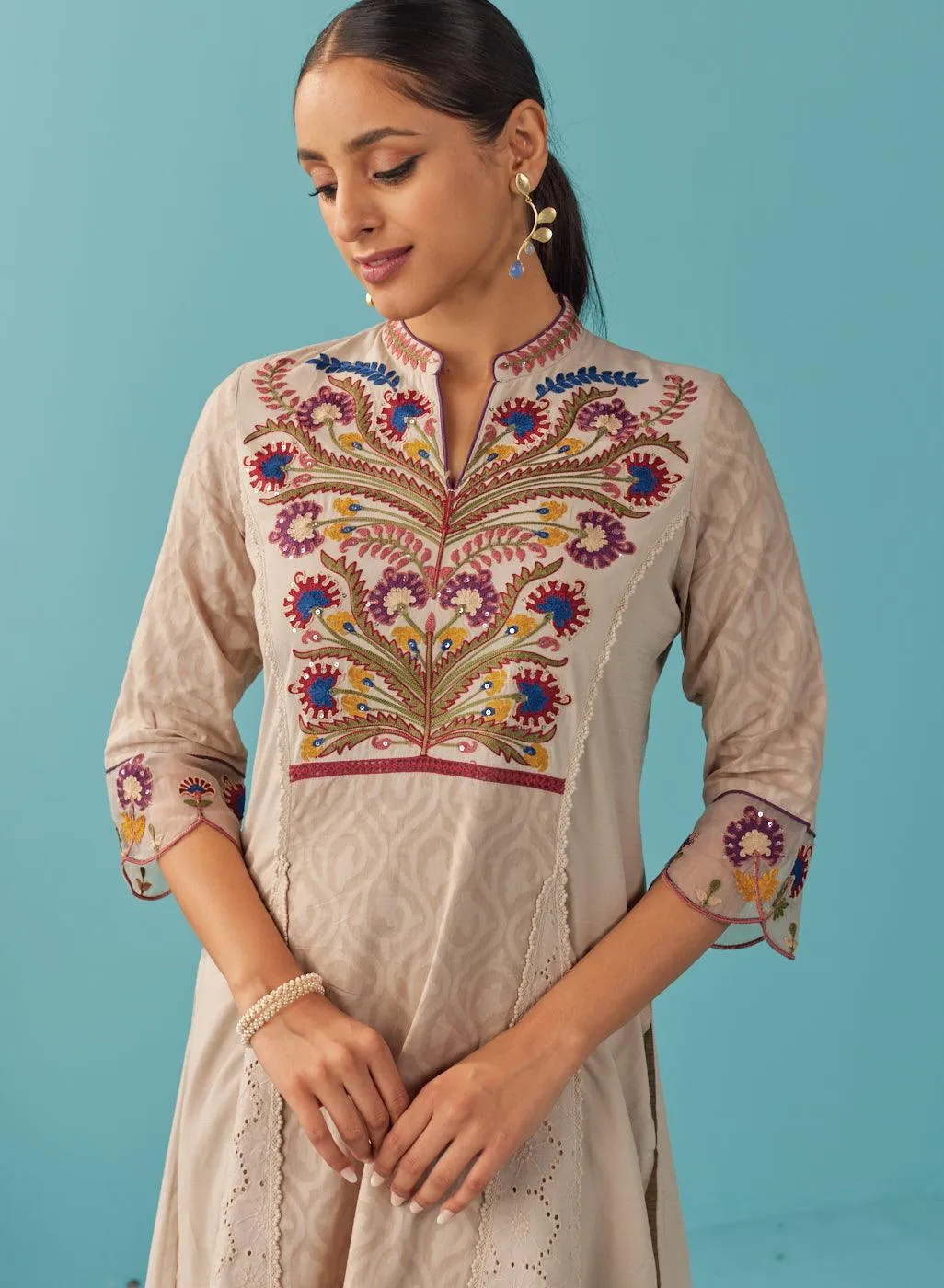 Beige Multi Color Floral Embroidered Kurta Set