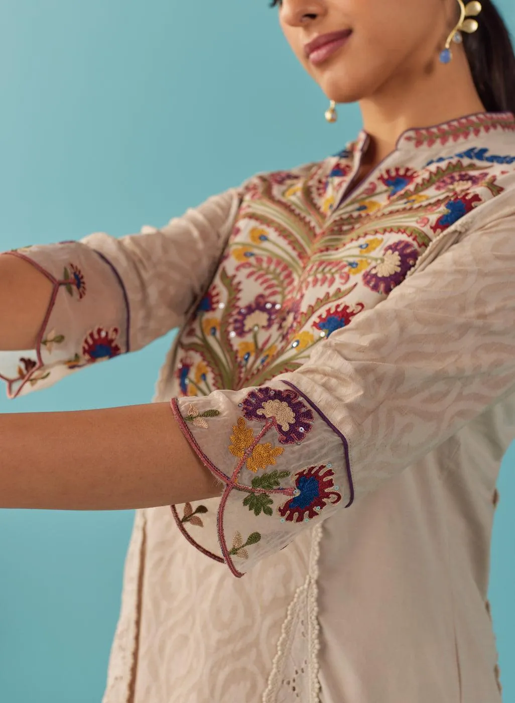 Beige Multi Color Floral Embroidered Kurta Set