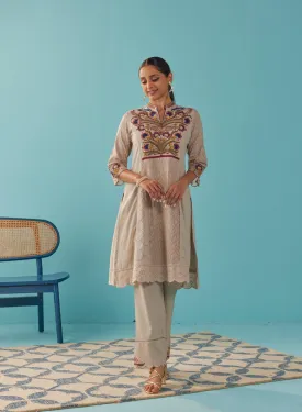 Beige Multi Color Floral Embroidered Kurta Set