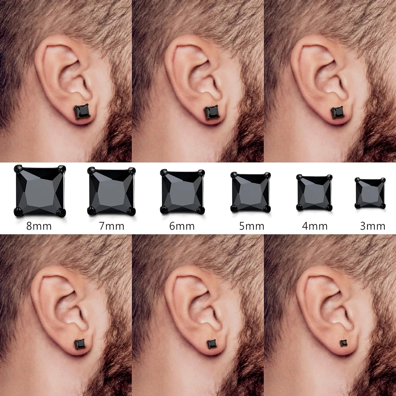 BESTEEL 2 Pairs Hypoallergenic CZ Black Stud Earrings for Men Women 316L Stainless Steel Square Round CZ Mens Earrings Studs Jewelry Set for Sensitive Ears 3-8MM Black Silver