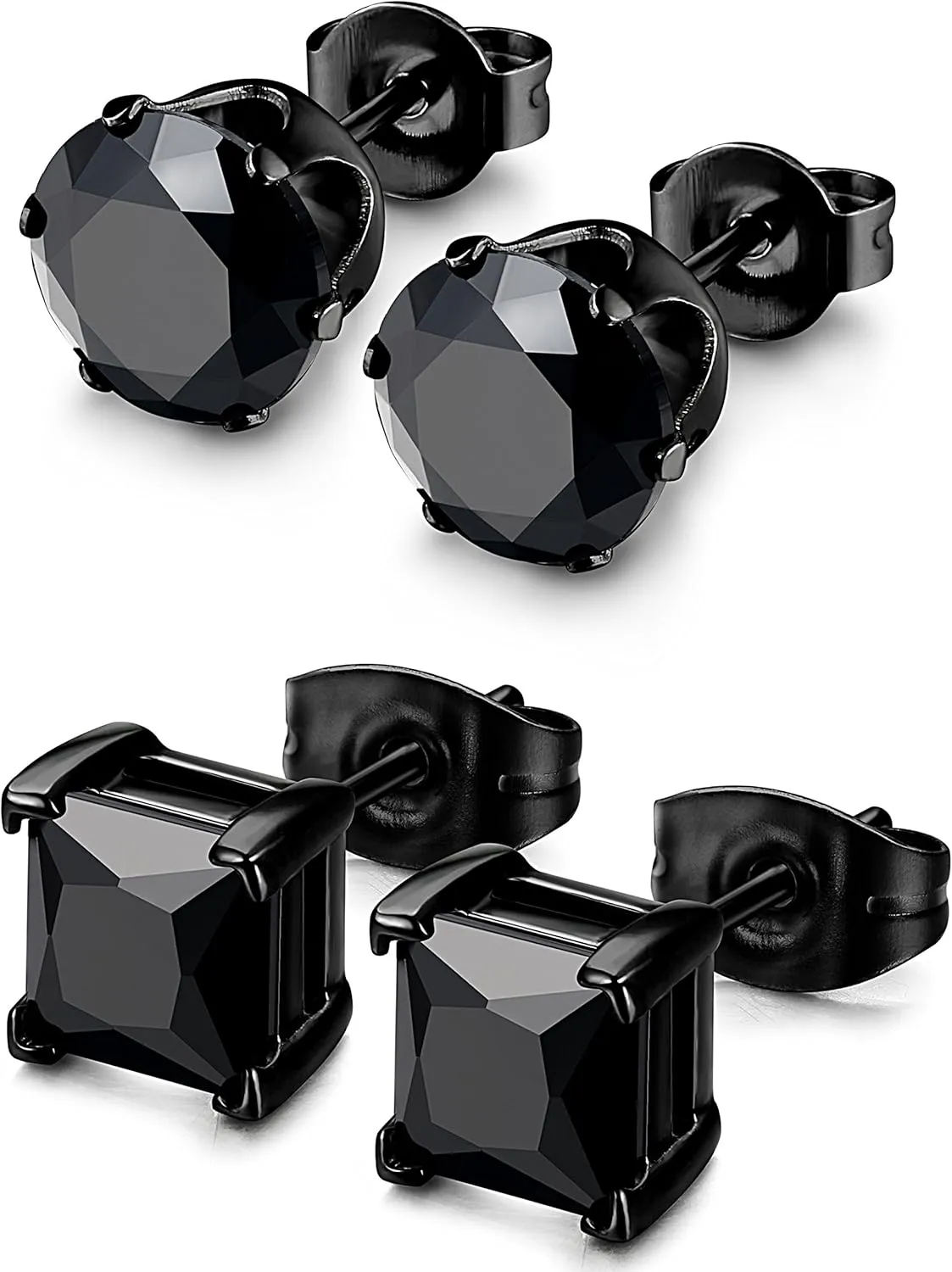 BESTEEL 2 Pairs Hypoallergenic CZ Black Stud Earrings for Men Women 316L Stainless Steel Square Round CZ Mens Earrings Studs Jewelry Set for Sensitive Ears 3-8MM Black Silver