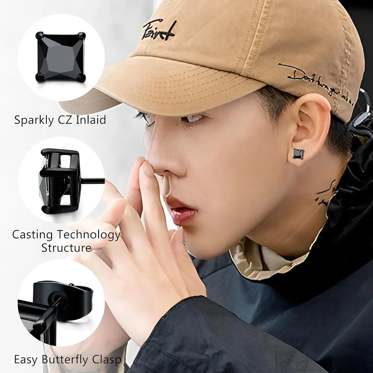 BESTEEL 2 Pairs Hypoallergenic CZ Black Stud Earrings for Men Women 316L Stainless Steel Square Round CZ Mens Earrings Studs Jewelry Set for Sensitive Ears 3-8MM Black Silver