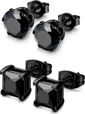 BESTEEL 2 Pairs Hypoallergenic CZ Black Stud Earrings for Men Women 316L Stainless Steel Square Round CZ Mens Earrings Studs Jewelry Set for Sensitive Ears 3-8MM Black Silver