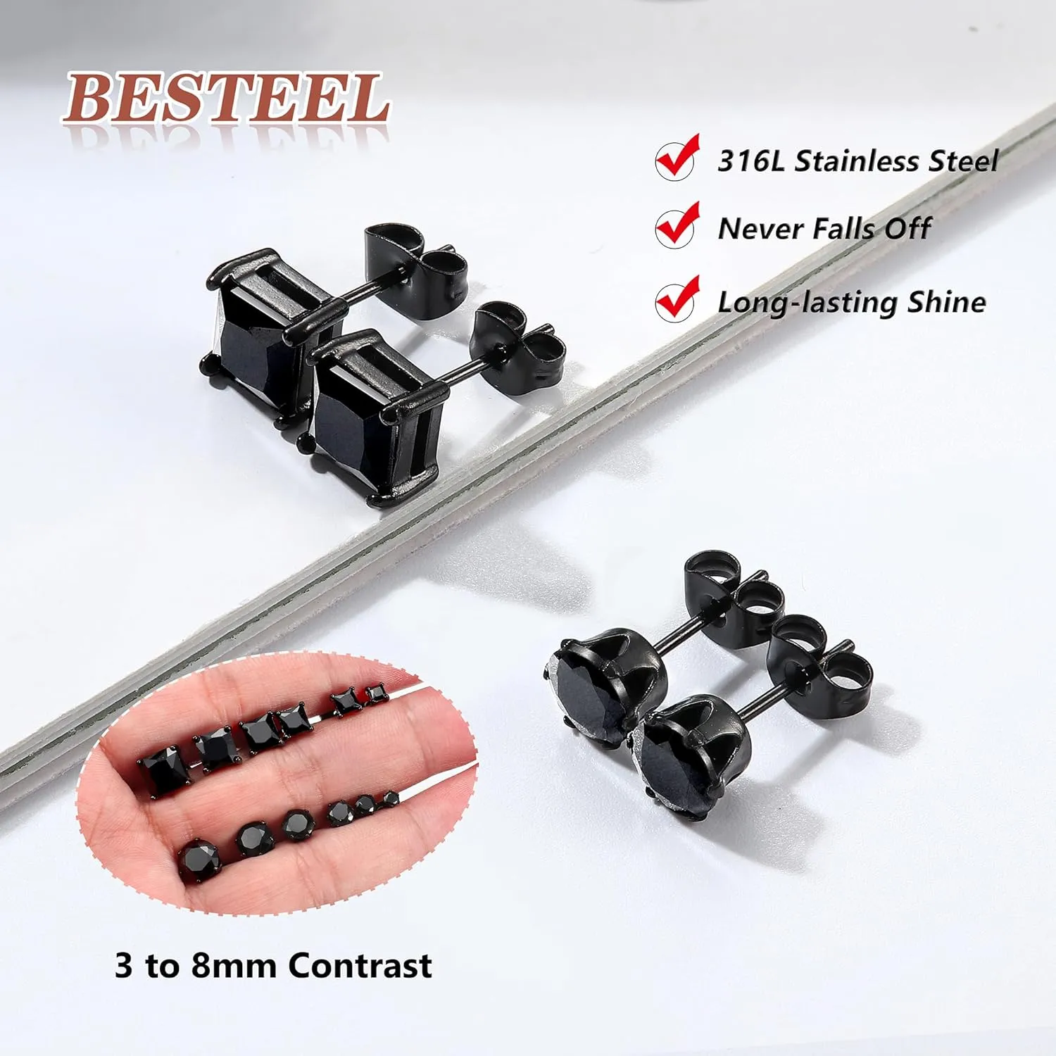 BESTEEL 2 Pairs Hypoallergenic CZ Black Stud Earrings for Men Women 316L Stainless Steel Square Round CZ Mens Earrings Studs Jewelry Set for Sensitive Ears 3-8MM Black Silver