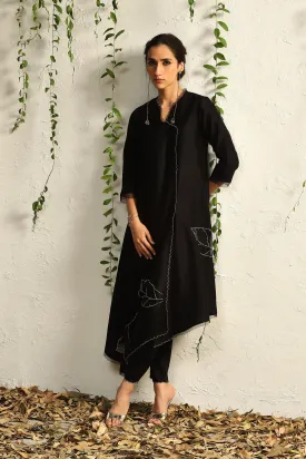 Black chanderi asymmetrical Kurta set- set of 3