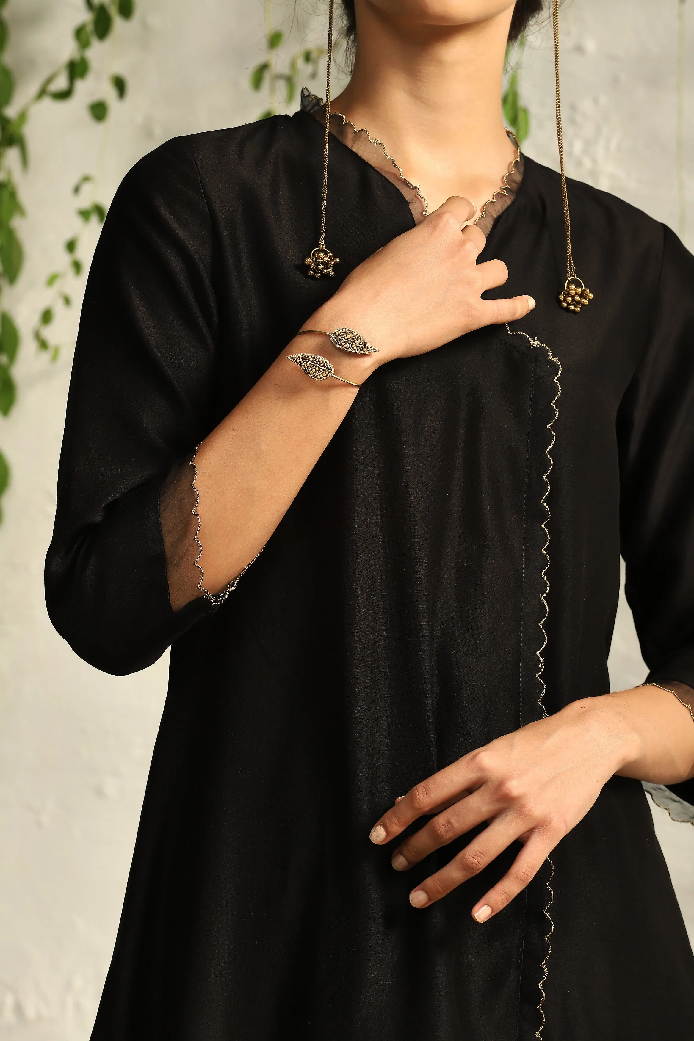Black chanderi asymmetrical Kurta set- set of 3