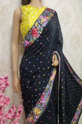 Black Hand Embroidered Parsi Gara Pure Crepe Saree