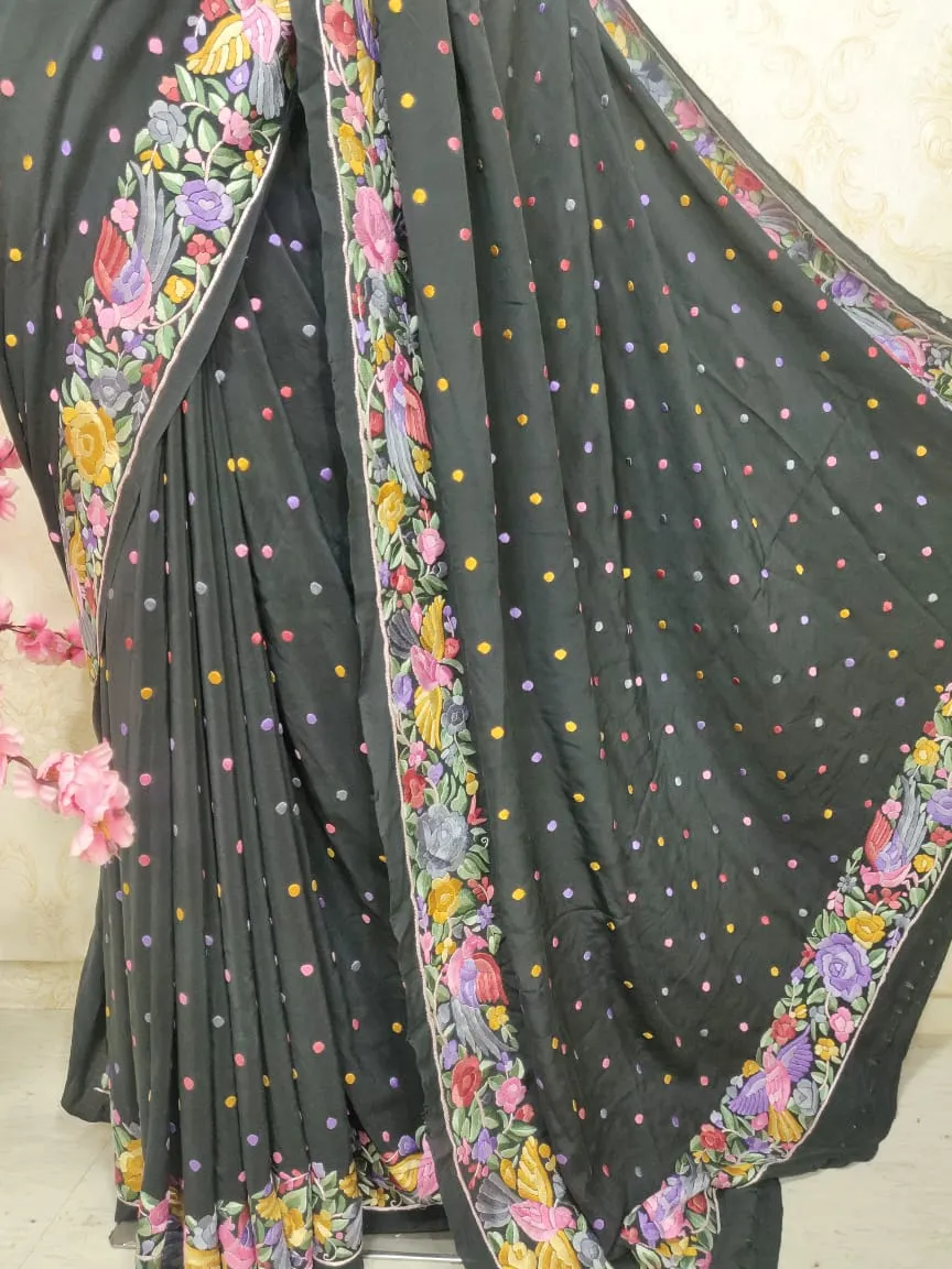 Black Hand Embroidered Parsi Gara Pure Crepe Saree